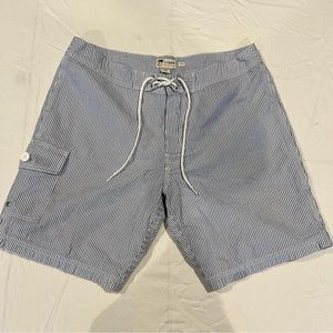 J Crew Swimwear Mens 32 Seersucker Swim Trunks Cargo Shorts Blue White Striped